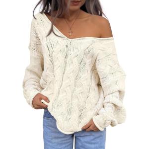 imageTrendy Queen Oversized Long Sleeve V Neck Cable Knit SweatersCream