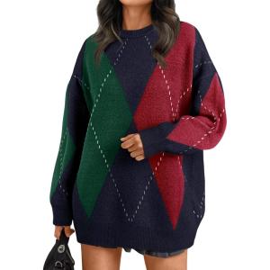 imageTrendy Queen Womens Color Block Argyle Plaid Oversized Chunky Knit Crewneck Sweaters 2025Navy Green