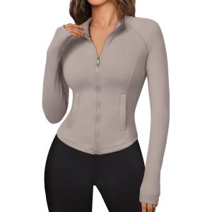 imageTrendy Queen Womens Full Zip Up Scrubs Lightweight Jacket Cropped Long Sleeve Workout Sweatshirts Slim Fit Running HoodiesCoffee Grey