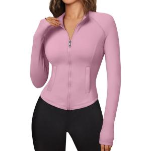 imageTrendy Queen Womens Full Zip Up Scrubs Lightweight Jacket Cropped Long Sleeve Workout Sweatshirts Slim Fit Running HoodiesLight Pink