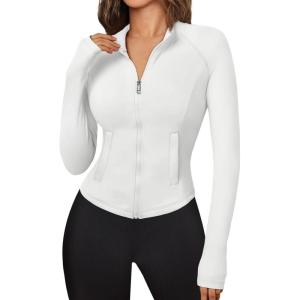 imageTrendy Queen Womens Full Zip Up Scrubs Lightweight Jacket Cropped Long Sleeve Workout Sweatshirts Slim Fit Running HoodiesWhite