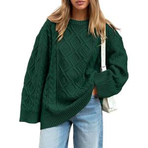 imageTrendy Queen Womens Oversized Cable Knit Crewneck Sweaters Cozy Winter ClothesGreen