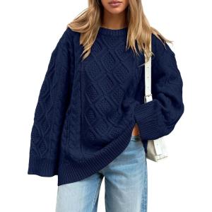imageTrendy Queen Womens Oversized Cable Knit Crewneck Sweaters Cozy Winter ClothesNavy Blue