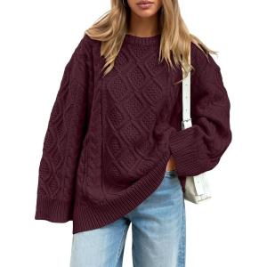 imageTrendy Queen Womens Oversized Cable Knit Crewneck Sweaters Cozy Winter ClothesWine
