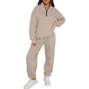 imageTrendy Queen Womens Sweatsuits 2 Piece Outfits Fall Lounge Sweat Sets Half Zip Sweatshirts with Baggy SweatpantsCoffeegrey