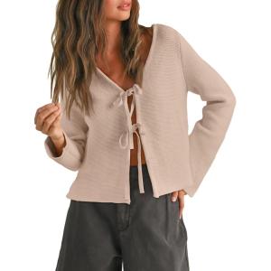 imageTrendy Queen Womens Tie Front Tops Fall Cardigan Sweaters 2025 Fashion Crochet Crop Winter Clothes Cute Y2K Casual OutfitsApricot