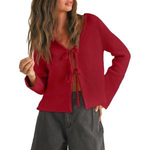 imageTrendy Queen Womens Tie Front Tops Fall Cardigan Sweaters 2025 Fashion Crochet Crop Winter Clothes Cute Y2K Casual OutfitsRed