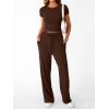 imageTrendy Queen 2 Piece Matching Summer Sweatsuit Lounge Set Womens Wide Leg Pants Side Ruching Crop Top SetsCoffee