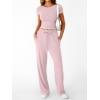 imageTrendy Queen 2 Piece Matching Summer Sweatsuit Lounge Set Womens Wide Leg Pants Side Ruching Crop Top SetsPastel Pink