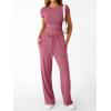 imageTrendy Queen 2 Piece Matching Summer Sweatsuit Lounge Set Womens Wide Leg Pants Side Ruching Crop Top SetsRose