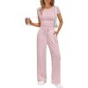 imageTrendy Queen 2 Piece Matching Summer Sweatsuit Lounge Set Womens Wide Leg Pants Side Ruching Crop Top SetsPastel Pink