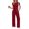 imageTrendy Queen 2 Piece Matching Summer Sweatsuit Lounge Set Womens Wide Leg Pants Side Ruching Crop Top SetsRed
