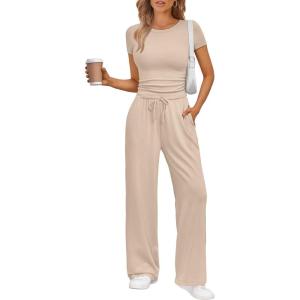imageTrendy Queen 2 Piece Matching Summer Sweatsuit Lounge Set Womens Wide Leg Pants Side Ruching Crop Top SetsAlmond