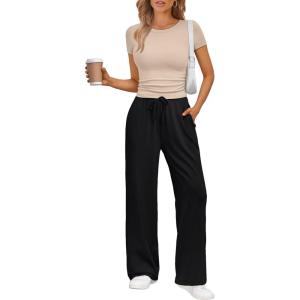 imageTrendy Queen 2 Piece Matching Summer Sweatsuit Lounge Set Womens Wide Leg Pants Side Ruching Crop Top SetsBeige Black