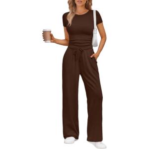 imageTrendy Queen 2 Piece Matching Summer Sweatsuit Lounge Set Womens Wide Leg Pants Side Ruching Crop Top SetsCoffee