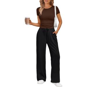 imageTrendy Queen 2 Piece Matching Summer Sweatsuit Lounge Set Womens Wide Leg Pants Side Ruching Crop Top SetsCoffee Black