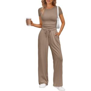 imageTrendy Queen 2 Piece Matching Summer Sweatsuit Lounge Set Womens Wide Leg Pants Side Ruching Crop Top SetsKhaki
