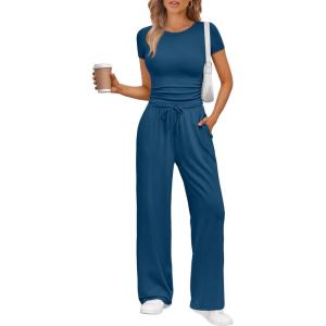 imageTrendy Queen 2 Piece Matching Summer Sweatsuit Lounge Set Womens Wide Leg Pants Side Ruching Crop Top SetsMarine
