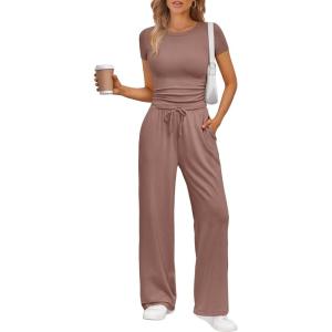 imageTrendy Queen 2 Piece Matching Summer Sweatsuit Lounge Set Womens Wide Leg Pants Side Ruching Crop Top SetsMauve Rose
