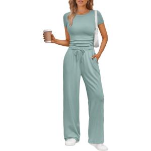 imageTrendy Queen 2 Piece Matching Summer Sweatsuit Lounge Set Womens Wide Leg Pants Side Ruching Crop Top SetsSage