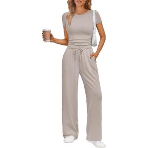 imageTrendy Queen 2 Piece Matching Summer Sweatsuit Lounge Set Womens Wide Leg Pants Side Ruching Crop Top SetsSmoke