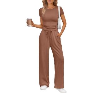 imageTrendy Queen 2 Piece Matching Summer Sweatsuit Lounge Set Womens Wide Leg Pants Side Ruching Crop Top SetsToffee