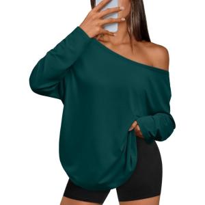 imageTrendy Queen Womens Off The Shoulder Tops Oversized Tshirts Long Sleeve 2025 Casual Basic TeesDark Green