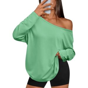 imageTrendy Queen Womens Off The Shoulder Tops Oversized Tshirts Long Sleeve 2025 Casual Basic TeesGreen