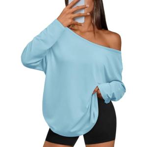imageTrendy Queen Womens Off The Shoulder Tops Oversized Tshirts Long Sleeve 2025 Casual Basic TeesLight Blue