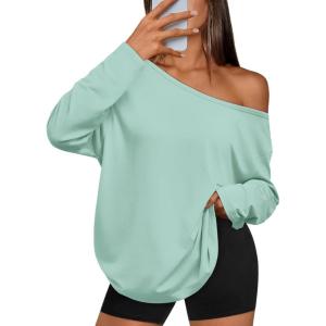 imageTrendy Queen Womens Off The Shoulder Tops Oversized Tshirts Long Sleeve 2025 Casual Basic TeesMint Green