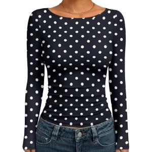 imageTrendy Queen Womens Boat Neck Tops Long Sleeve Shirts Casual Fitted Tee Shirts Solid Color Fall Basic Clothes 2025Black and White Dots