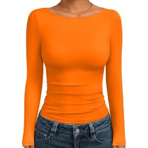 imageTrendy Queen Womens Boat Neck Tops Long Sleeve Shirts Casual Fitted Tee Shirts Solid Color Fall Basic Clothes 2025Orange