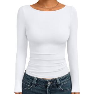 imageTrendy Queen Womens Boat Neck Tops Long Sleeve Shirts Casual Fitted Tee Shirts Solid Color Fall Basic Clothes 2025White