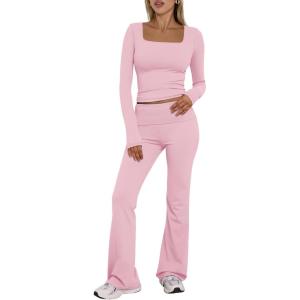 imageTrendy Queen Womens Workout Sets 2 Piece Fall Outfits Square Neck Tops Flare Pants Tracksuits Clothes Winter Fashion 2025Pink