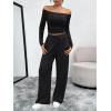 imageTrendy Queen 2 Piece Off Shoulder Set Womens Wide Leg Pants Side Ruching Slightly Crop Top SetsBlack