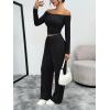 imageTrendy Queen 2 Piece Off Shoulder Set Womens Wide Leg Pants Side Ruching Slightly Crop Top SetsBlack