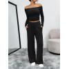 imageTrendy Queen 2 Piece Off Shoulder Set Womens Wide Leg Pants Side Ruching Slightly Crop Top SetsBlack