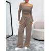 imageTrendy Queen 2 Piece Off Shoulder Set Womens Wide Leg Pants Side Ruching Slightly Crop Top SetsMocha