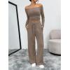 imageTrendy Queen 2 Piece Off Shoulder Set Womens Wide Leg Pants Side Ruching Slightly Crop Top SetsMocha