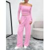 imageTrendy Queen 2 Piece Off Shoulder Set Womens Wide Leg Pants Side Ruching Slightly Crop Top SetsPink
