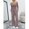 imageTrendy Queen 2 Piece Off Shoulder Set Womens Wide Leg Pants Side Ruching Slightly Crop Top SetsRose Taupe