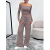 imageTrendy Queen 2 Piece Off Shoulder Set Womens Wide Leg Pants Side Ruching Slightly Crop Top SetsRose Taupe