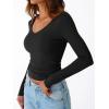imageTrendy Queen Womens Double Lined V Neck Long Sleeve Shirt 2025 Fall Fitted Crop Top Going Out Basic Tee Fashion ClothingBlack