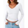imageTrendy Queen Womens Double Lined V Neck Long Sleeve Shirt 2025 Fall Fitted Crop Top Going Out Basic Tee Fashion ClothingWhite