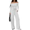imageTrendy Queen 2 Piece Off Shoulder Set Womens Wide Leg Pants Side Ruching Slightly Crop Top SetsOatmeal Grey