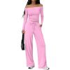 imageTrendy Queen 2 Piece Off Shoulder Set Womens Wide Leg Pants Side Ruching Slightly Crop Top SetsPink