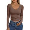 imageTrendy Queen Womens Double Lined V Neck Long Sleeve Shirt 2025 Fall Fitted Crop Top Going Out Basic Tee Fashion ClothingCoffee Grey