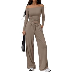 imageTrendy Queen 2 Piece Off Shoulder Set Womens Wide Leg Pants Side Ruching Slightly Crop Top SetsMocha