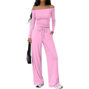 imageTrendy Queen 2 Piece Off Shoulder Set Womens Wide Leg Pants Side Ruching Slightly Crop Top SetsPink