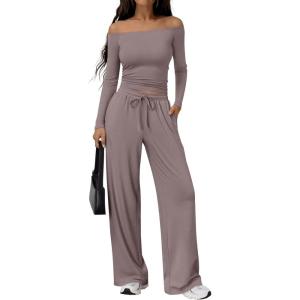 imageTrendy Queen 2 Piece Off Shoulder Set Womens Wide Leg Pants Side Ruching Slightly Crop Top SetsRose Taupe